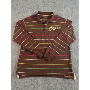 COOGI Mens Long Sleeve Polo Shirt Brown Striped Embroidered‎ Logo Size 2XL